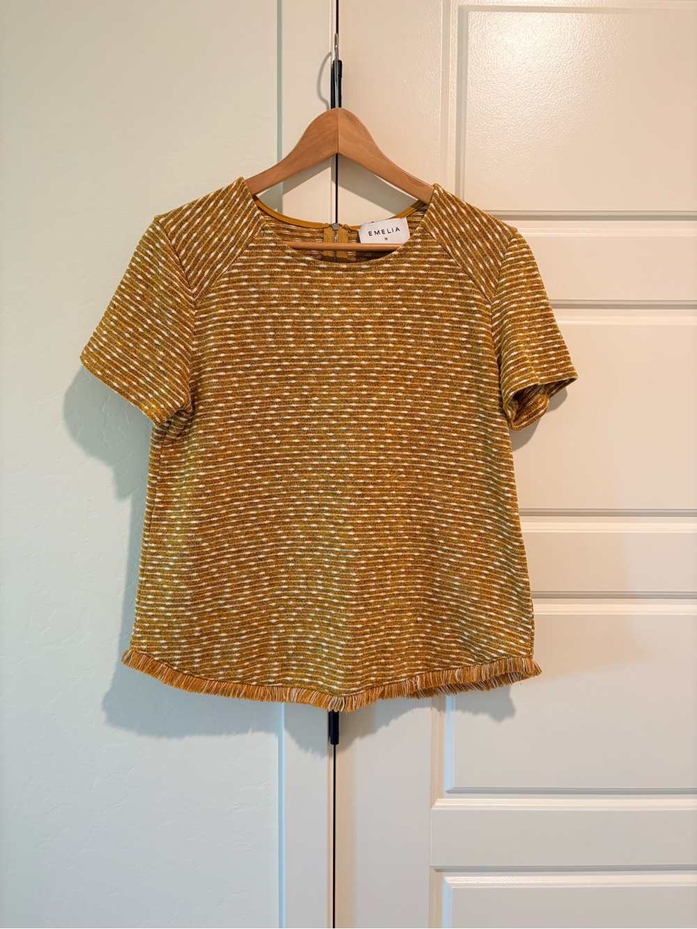 Emelia Sz M Eclectic Grandpa Short Sleeve Fringe-Hem Top in Mustard Stripe